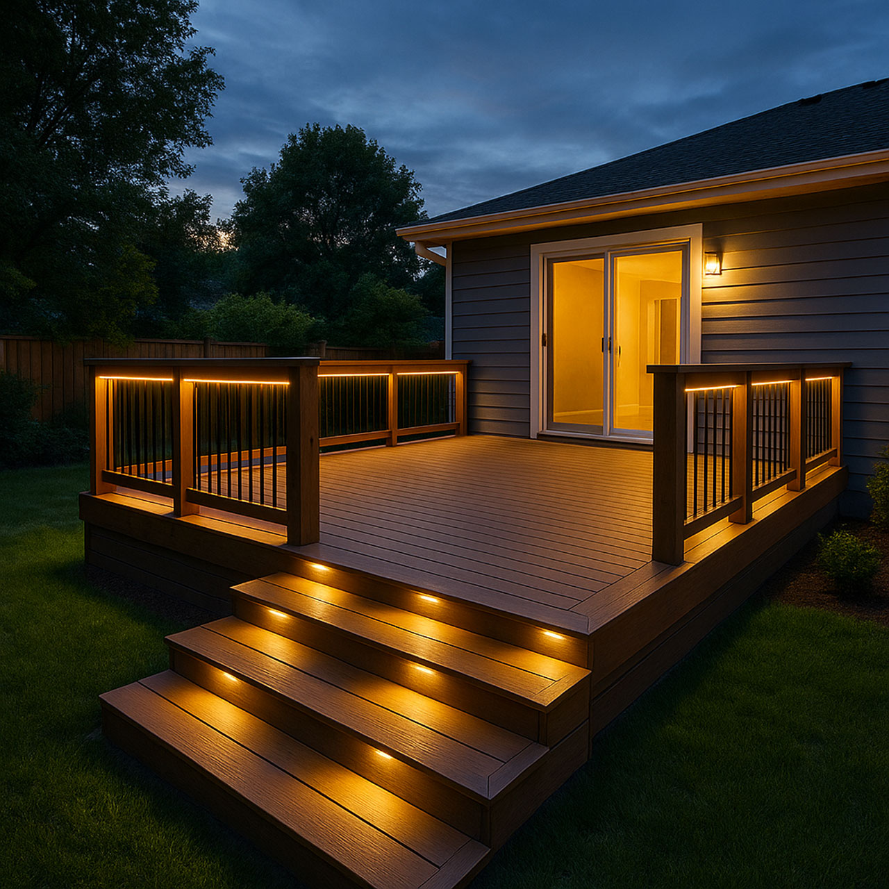Outdoor deck lighting installation with warm ambient fixtures by B-Line Electric LLC