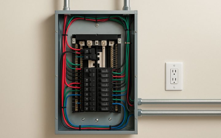 A neatly wired electrical breaker panel with color-coded red, green, blue, and black wires secured by zip ties, connected to circuit breakers and bus bars, with metal conduits entering the box next to a standard wall outlet.