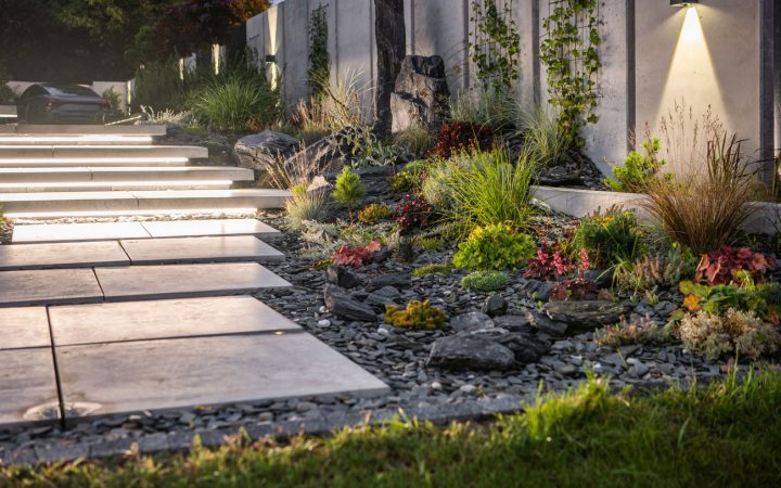 Contemporary outdoor space featuring illuminated floating stone steps, a rock garden with varied vegetation, and wall sconces lighting up a concrete retaining wall.